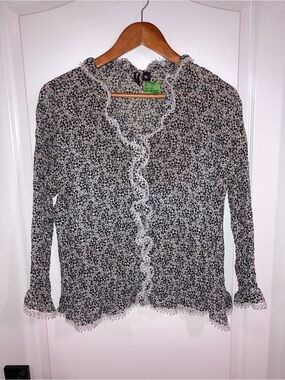 Essentials By Milano Black & White Floral Ruffle Button Up Blouse - size L